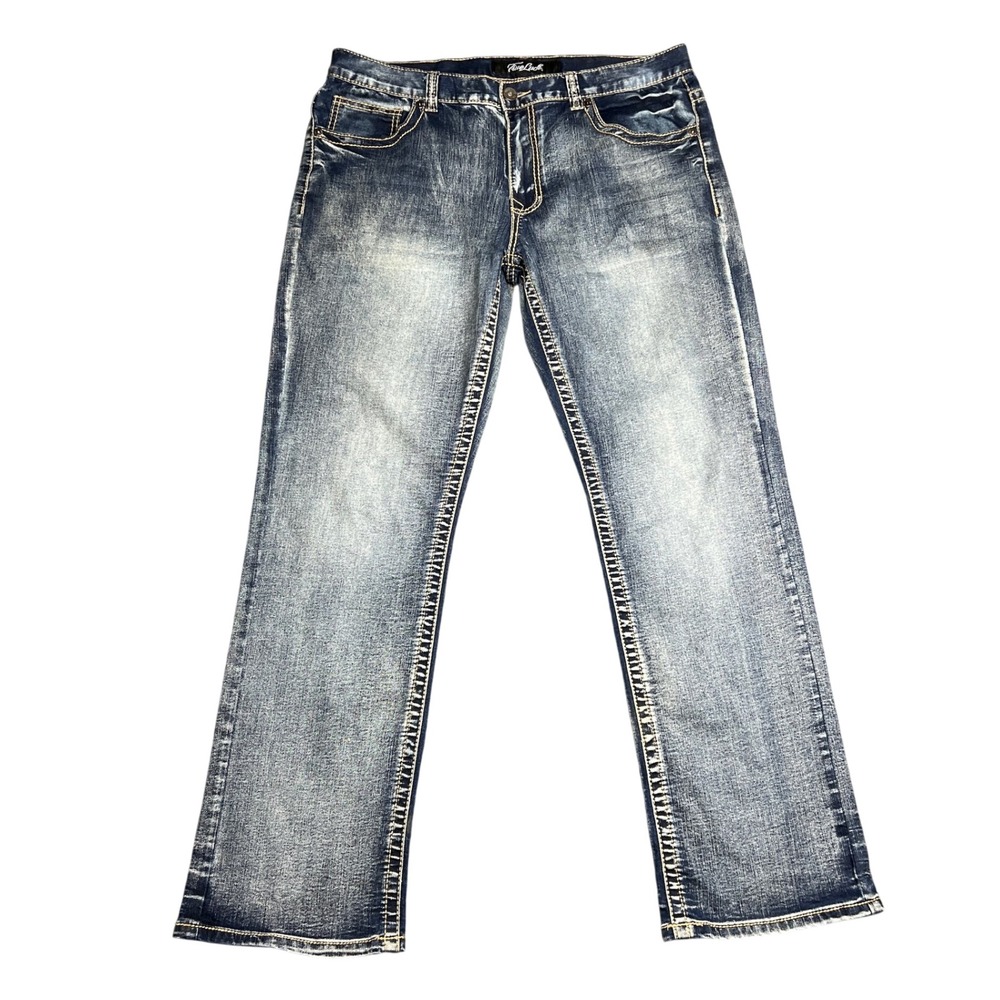 True Luck Men's 36x31 Straight Leg Jeans Faded Blue Medium‎ Wash Heavy Stitching